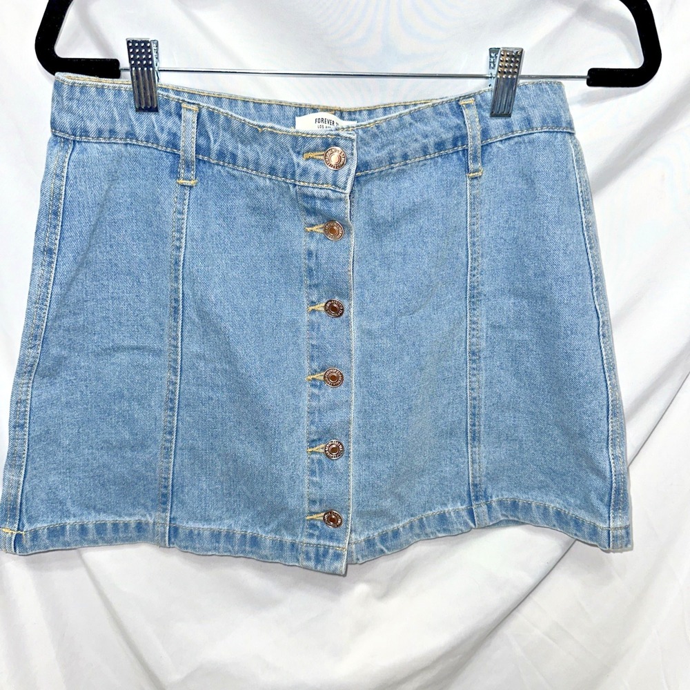 FOREVER 21 Women's Blue Denim A-Line Mini Skirt Button Front Size 29- 14" Long